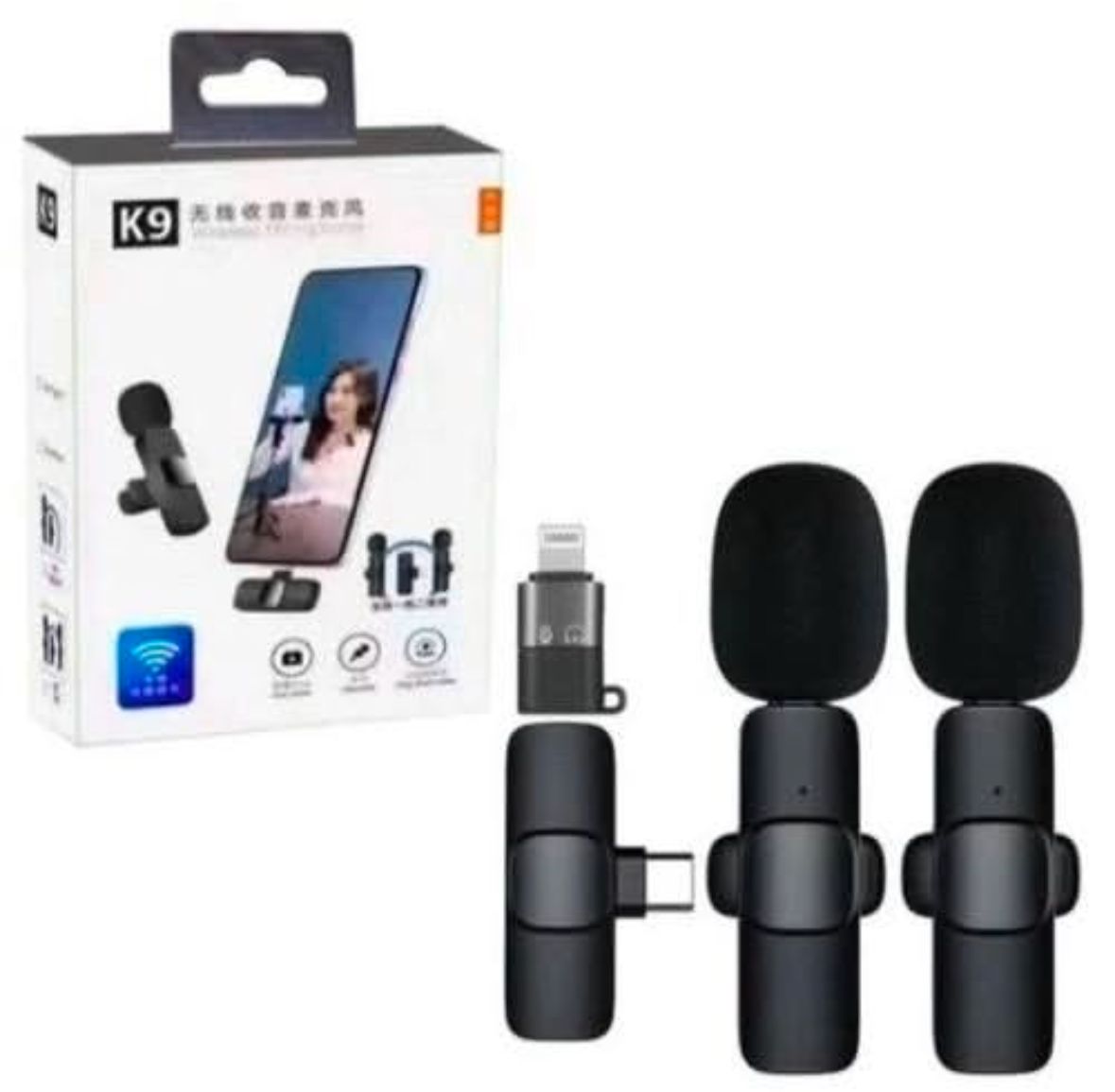 Wireless MIC K9 Dual MICROPHONE Vlogging Mic, For Podcast, Interviews, with Microphone for Type C, Android, IOS Lightining & 3.5mm Jack Main image