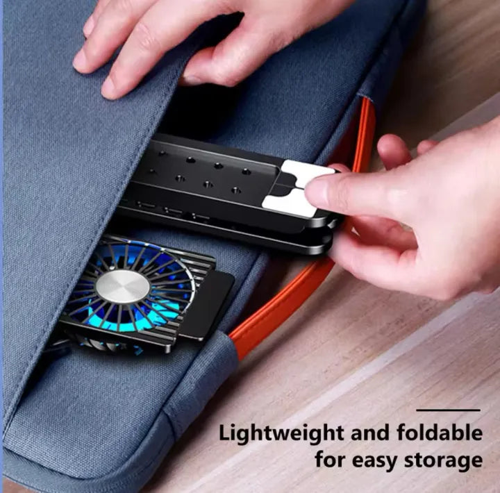 ENRG Dual Fan RGB Portable Aluminum Foldable Laptop Metal Stand Hinge Adjustable Height Folding Holder Solid With Anti Slip Rubber Grips (Silver)