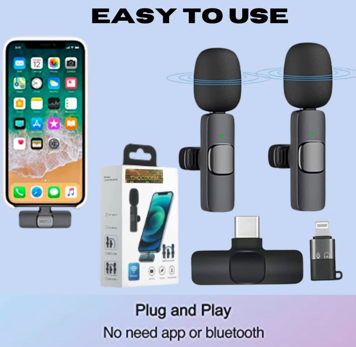 Wireless MIC K9 Dual MICROPHONE Vlogging Mic, For Podcast, Interviews, with Microphone for Type C, Android, IOS Lightining & 3.5mm Jack Secondary image