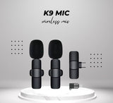 Wireless MIC K9 Dual MICROPHONE Vlogging Mic, For Podcast, Interviews, with Microphone for Type C, Android, IOS Lightining & 3.5mm Jack