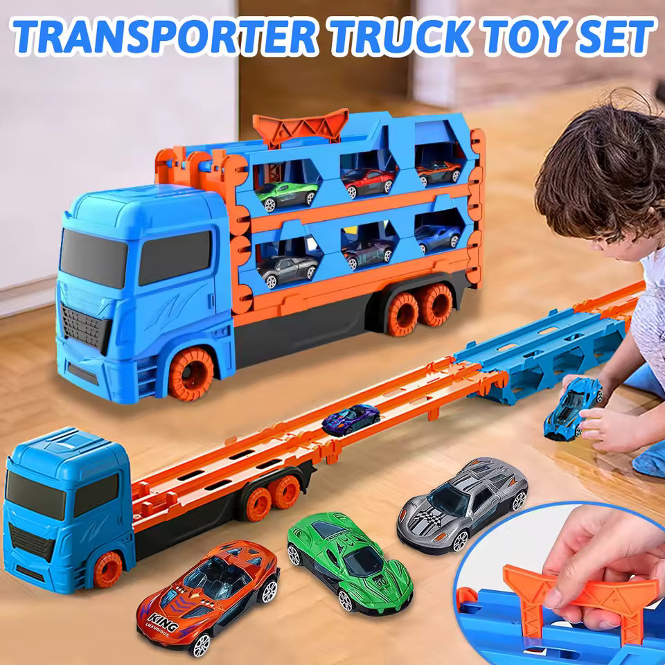 2-in-1 Transforming Truck Playset with Race Track & 2 Alloy Cars Main image
