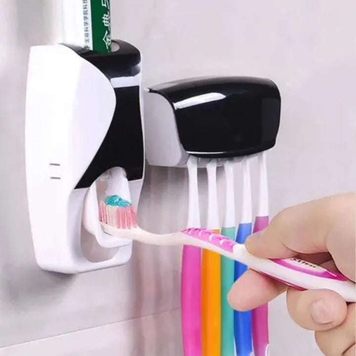 High Quality Set of Toothpaste Dispenser & Brush Holder - Plastic Automatic Toothpaste Dispenser With Tooth Brush Holder For Homes And Bathrooms - Tooth Paste Dispenser with Toothbrush Holder Main image