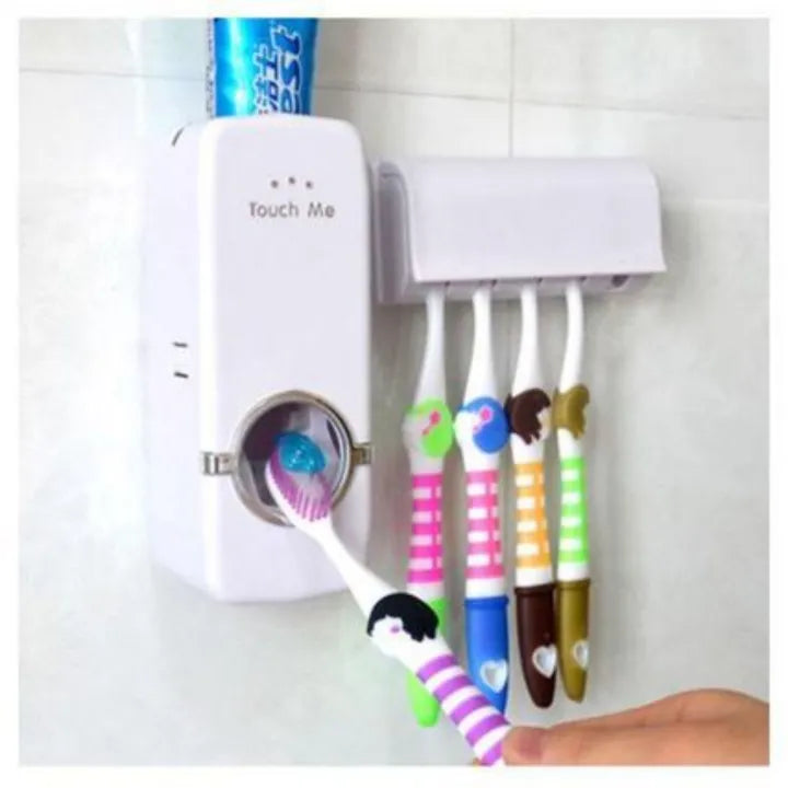 High Quality Set of Toothpaste Dispenser & Brush Holder - Plastic Automatic Toothpaste Dispenser With Tooth Brush Holder For Homes And Bathrooms - Tooth Paste Dispenser with Toothbrush Holder