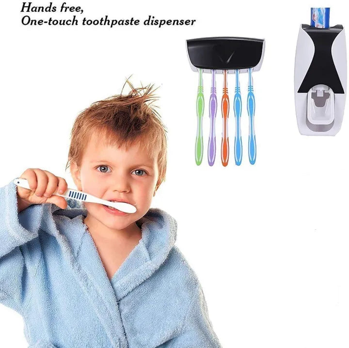 High Quality Set of Toothpaste Dispenser & Brush Holder - Plastic Automatic Toothpaste Dispenser With Tooth Brush Holder For Homes And Bathrooms - Tooth Paste Dispenser with Toothbrush Holder