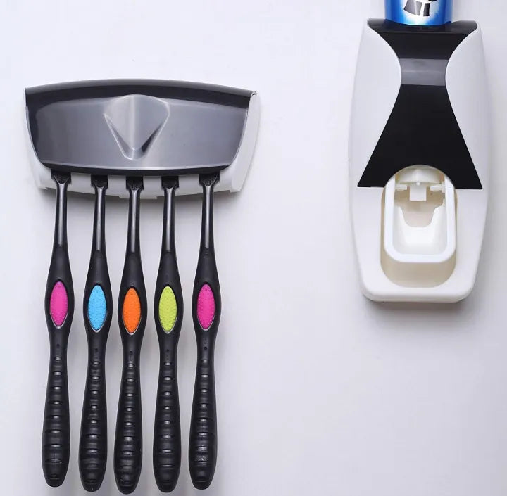 High Quality Set of Toothpaste Dispenser & Brush Holder - Plastic Automatic Toothpaste Dispenser With Tooth Brush Holder For Homes And Bathrooms - Tooth Paste Dispenser with Toothbrush Holder