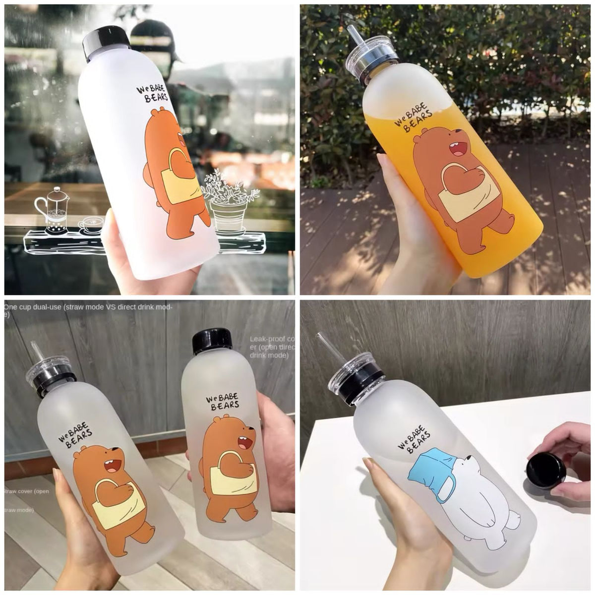 We Bare Bears' Frosted Plastic Water Bottle with Straw and both caps