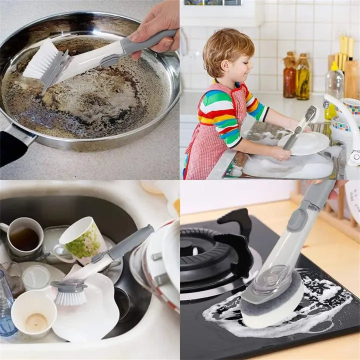 Kitchen Cleaning Brush - Scrubber with Long Handle ,Sponge & White Wok Brush - Refill Liquid - Good for Kitchen