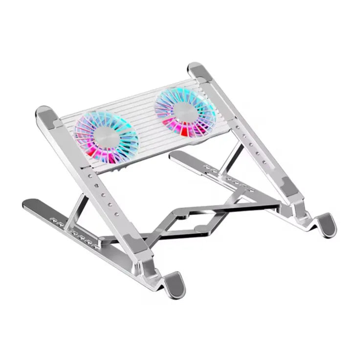 ENRG Dual Fan RGB Portable Aluminum Foldable Laptop Metal Stand Hinge Adjustable Height Folding Holder Solid With Anti Slip Rubber Grips (Silver)