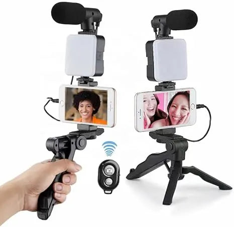 AY-49 Video Making Kit: All-in-One Vlogging Tripod, Microphone, LED Light & Wireless Remote Control