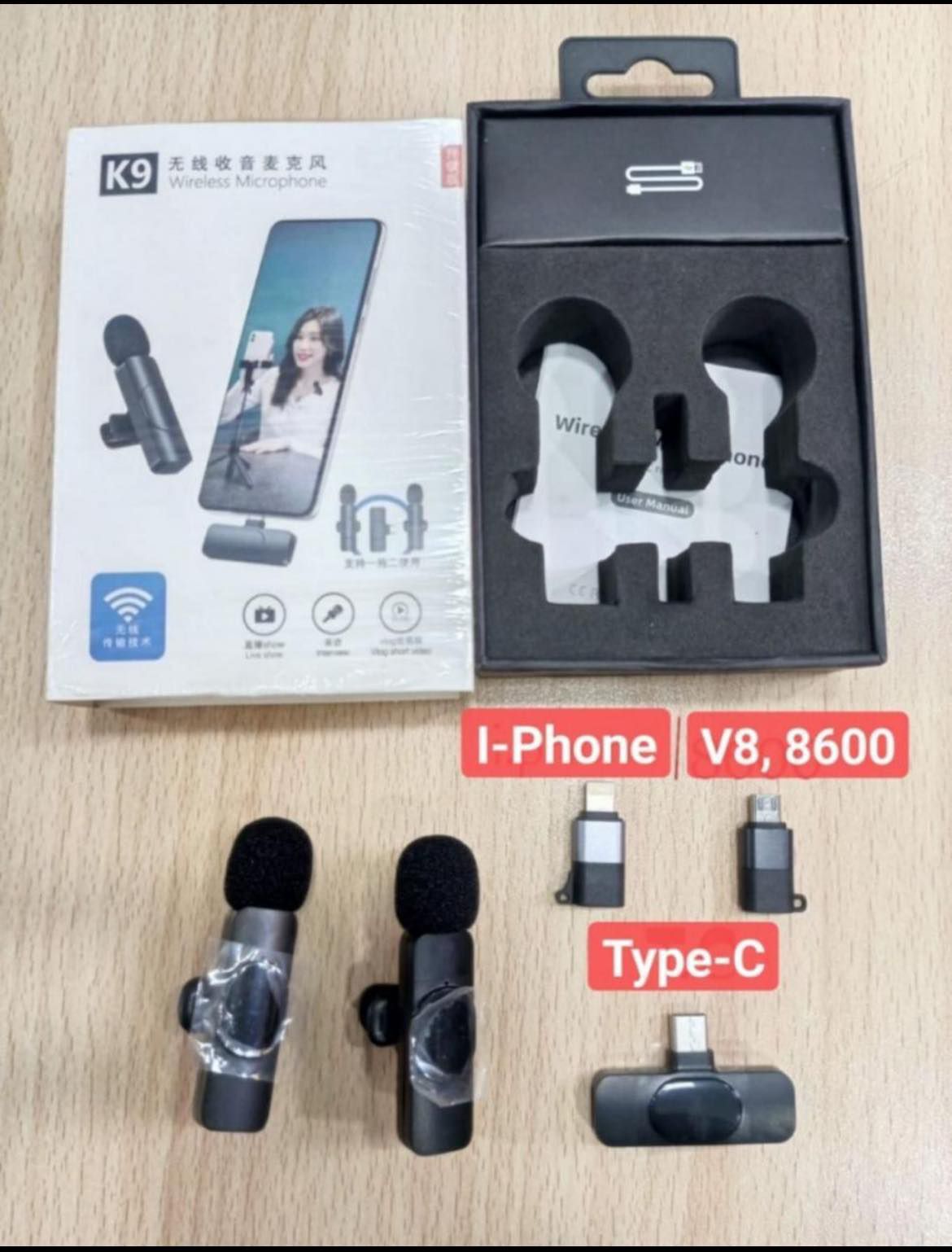 Wireless MIC K9 Dual MICROPHONE Vlogging Mic, For Podcast, Interviews, with Microphone for Type C, Android, IOS Lightining & 3.5mm Jack