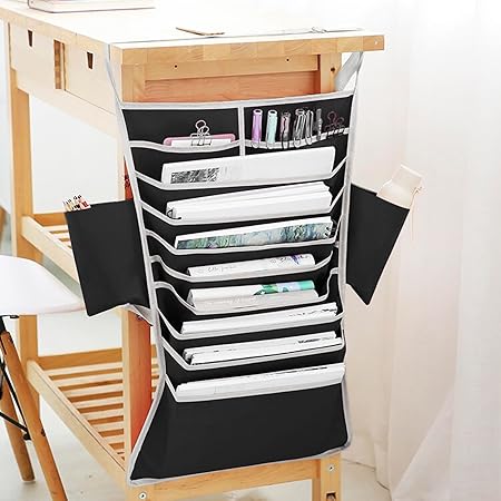 Multiple Pockets School Desk Side Books Organizer Hanging Bag Oxford Reinforced Desk Organiser Storage Bag for Home Office Classroom Magazine Files Papers Holders Bag with Pens Bottle Holder Pouch Main image
