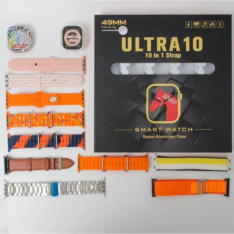 Ultra 10 Smart Watch | 10 In 1 Straps + jelly Case | Multi Color Straps & Wireless Charging